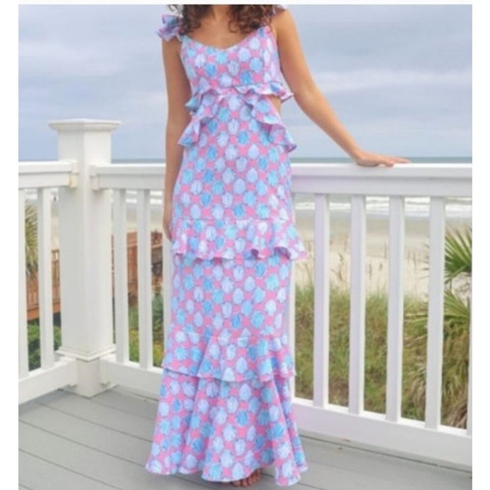 New NWT SIMPLY SOUTHERN Cut Out Dress Sea Shell‎ Ruffle Maxi Dress Large